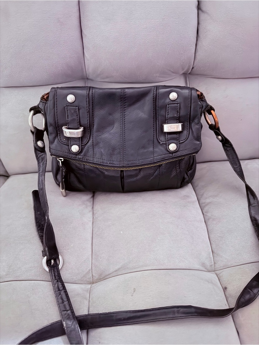 b. makowsky Black Leather Crossbody Bag with Silver Hardware